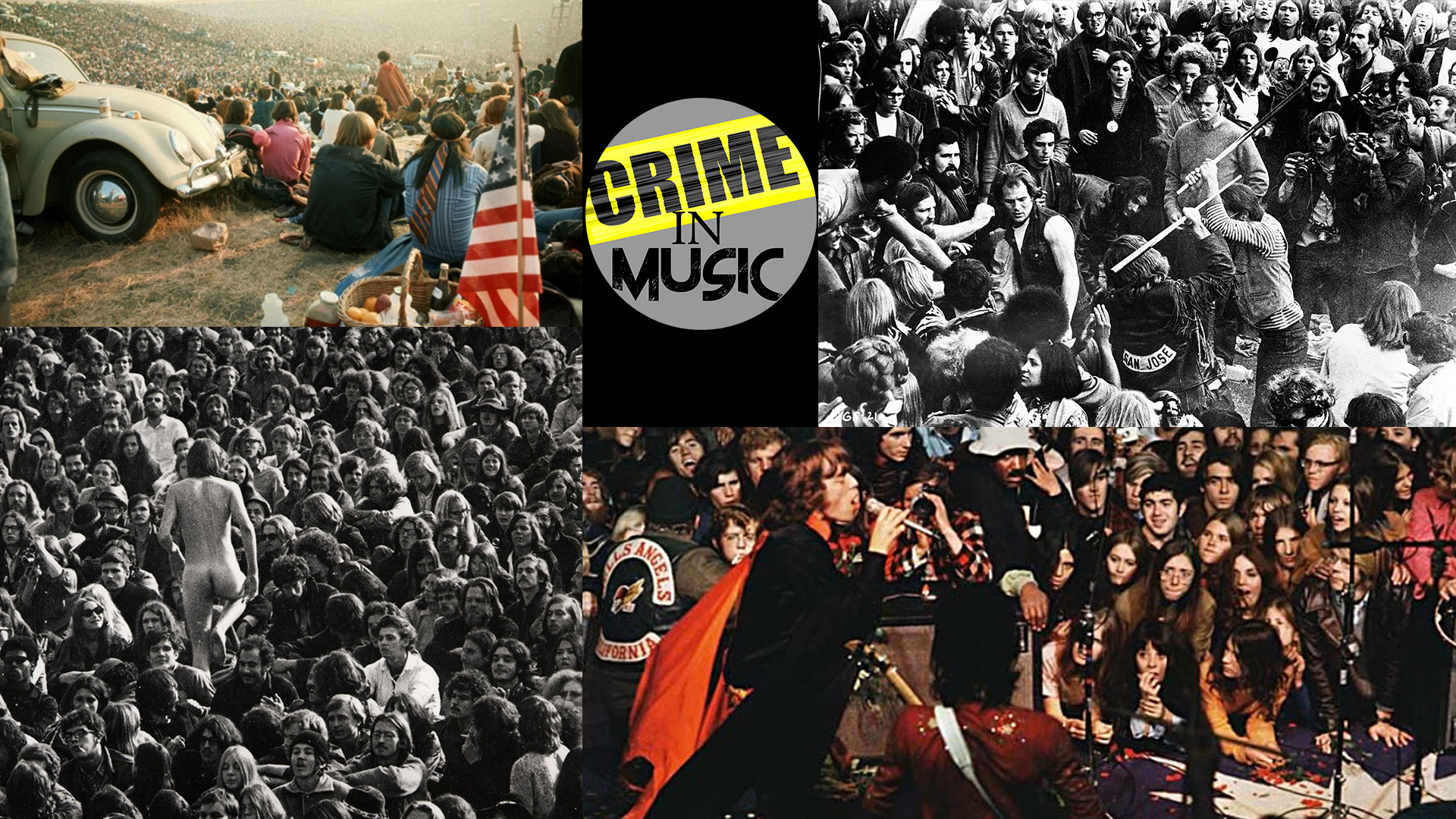 photo collage of the Altamont Free Concert, music festival